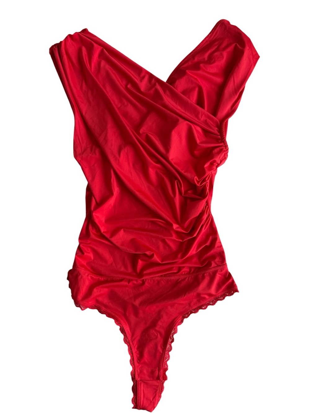 New! Free People Red Ruched Draped Surplice Thong Bodysuit Open Back XS
